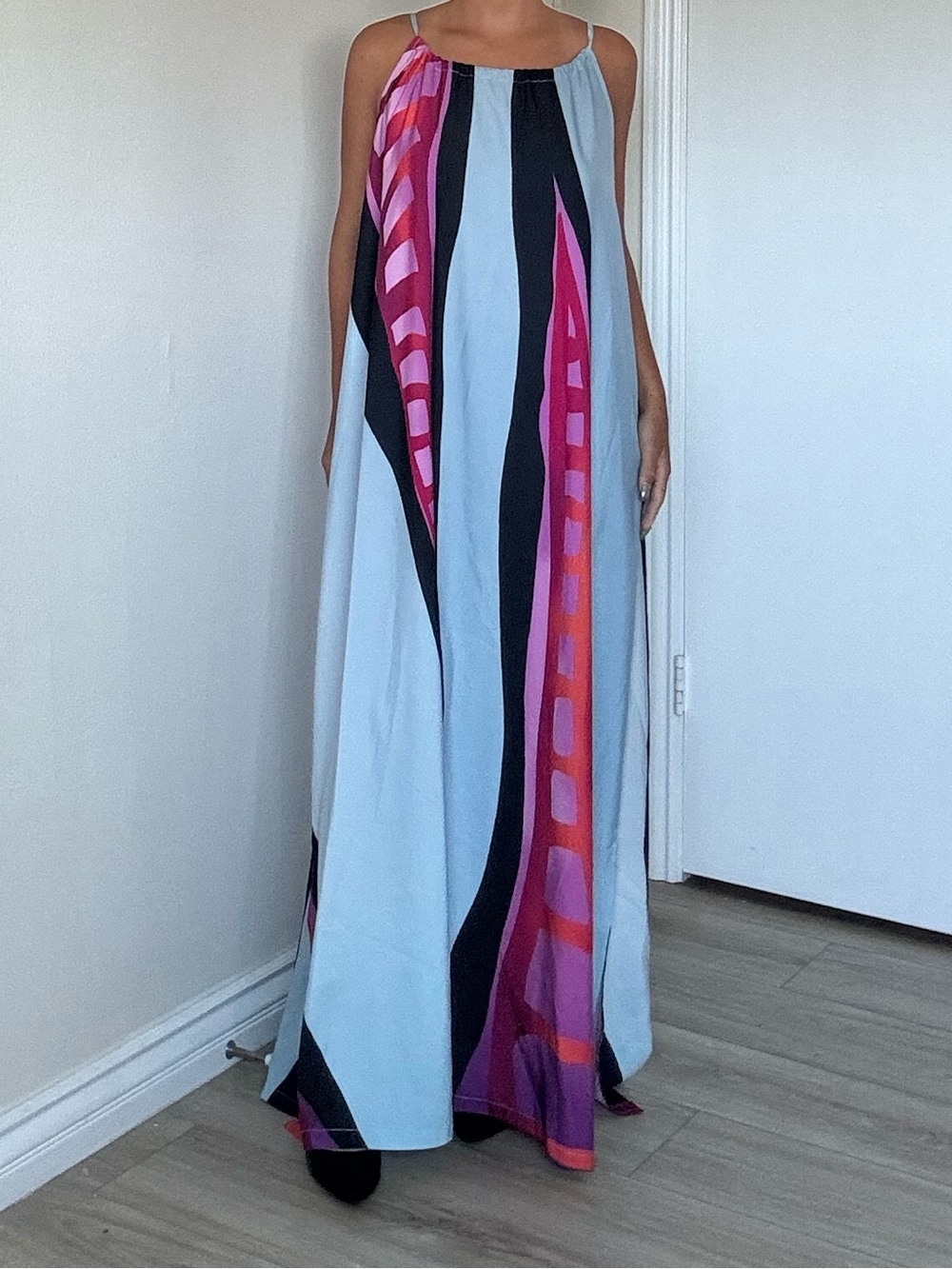 ADOR Light Blue Maxi Dress with Pink and Black Design